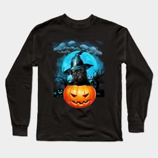 Black Pug Witch Hat Pumpkin And Blue Moon Halloween Long Sleeve T-Shirt